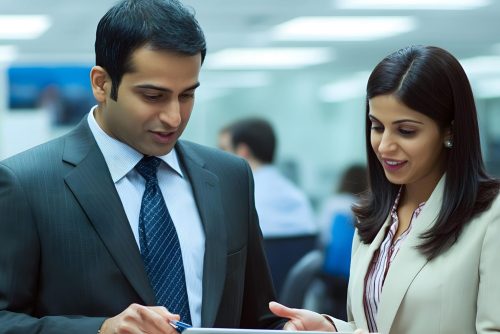 Business People Discussing Project On Tablet in Office