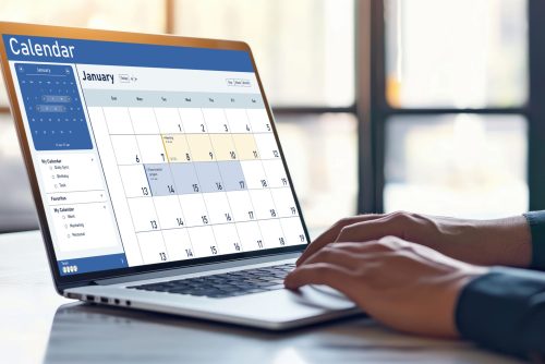 Calendar on computer software application for schedule planning for personal organizer and online business brisk
