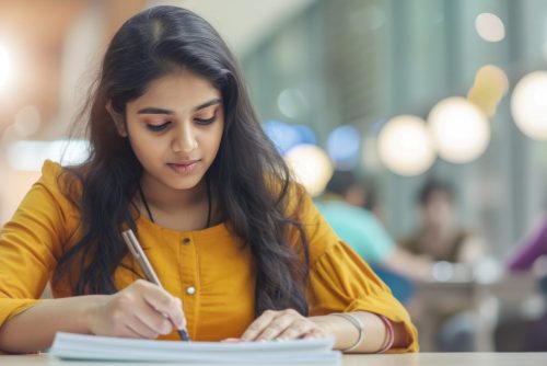 Woman immigrant learns subjects after entering foreign college. Brunette female shows resilience and adaptability striving to excel in studies